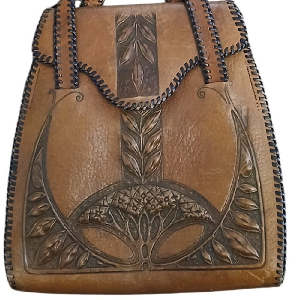 Antique 1900s Art Nouveau MEEKER MADE Brown Leather Whip Stitched Tooled Purse